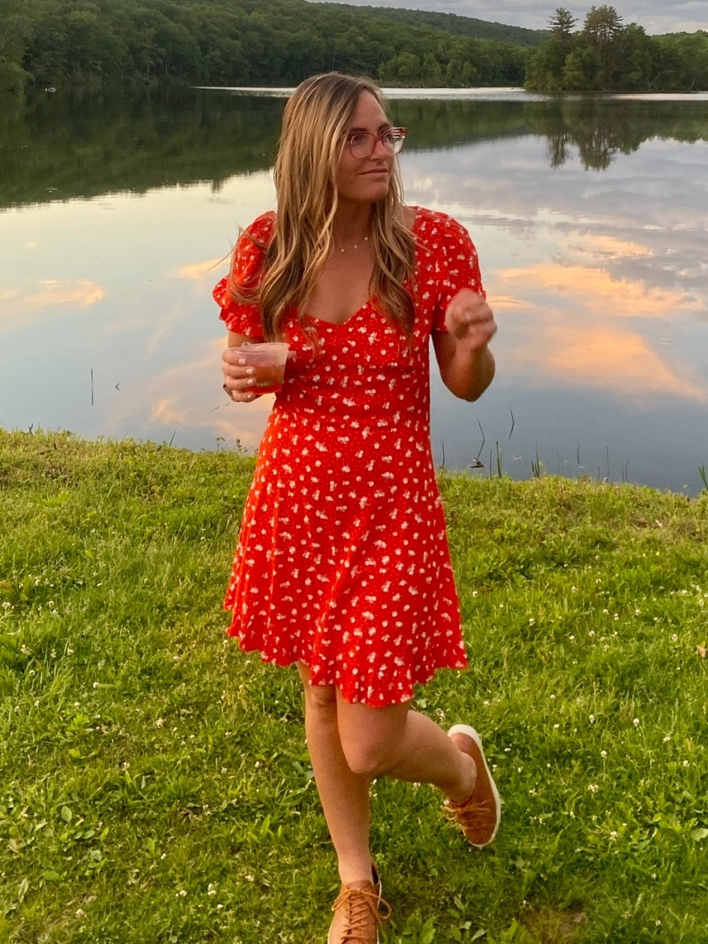 H&M Divided Red Floral Puff Sleeve Mini Dress | Size S